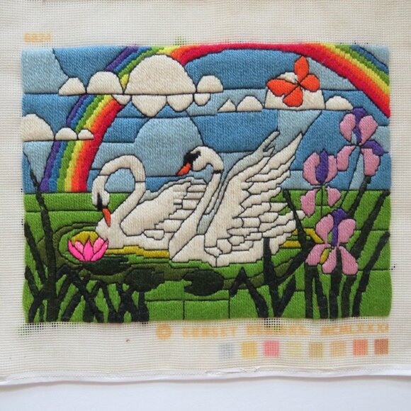 Swans Rainbow Orchids Clouds Vintage Long Stitch Embroidery Completed Tapestry - Picture 5 of 5